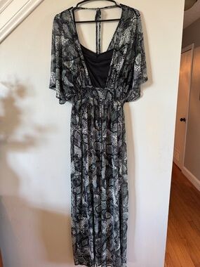 Nina Leonard Black and Snake-Print Maxi Dress